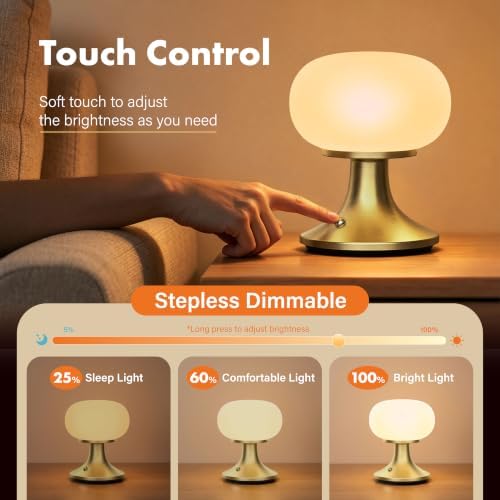 Cordless Mushroom Table Lamp - Stepless Dimming - 2700K Warm Light - Gold - Image 2