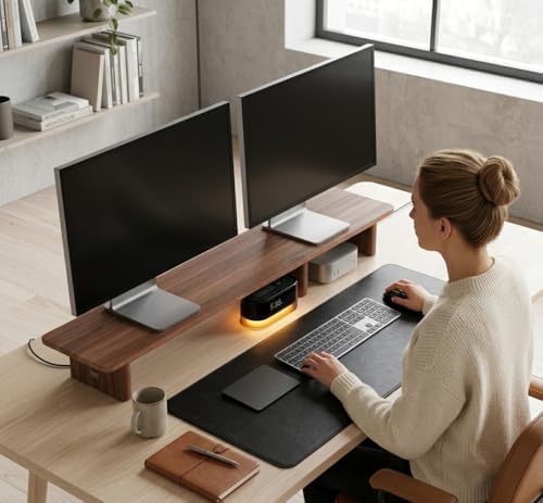 Walnut Dual Monitor Stand Riser - 43.3" Extra Long Wooden Monitor Stand for 2 Monitors, Desk Shelf Organizer for iMac, Laptop & Ultrawide Displays, Natural Wood Grain - Image 7