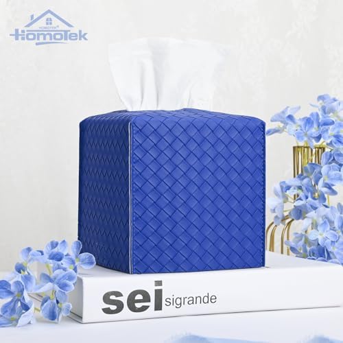 HOMOTEK 1 Pack Tissue Box Cover, Square PU Leather Tissue Holder, Decorative Facial Tissue Cube Paper Organizer Dispenser for Bathroom, Night Stands, Desk, Car 5X5X5'' - Woven Waffle,Blue - Image 2