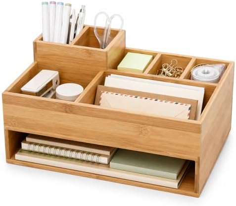 Bamboo Desk Organizer with Pen Holder and Open Shelf, Multi-Compartment Desktop Organizer for Mail, Notes, Books and Office Supplies, Space Saving Storage for Home Office Desk by Hmsnyysl
