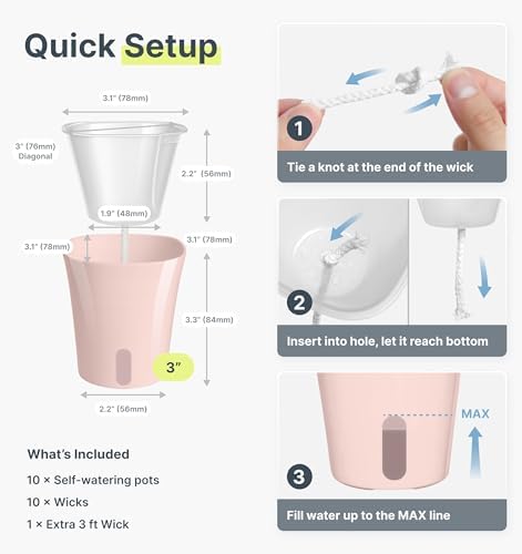 10 Pack 3" Self Watering Pots for Indoor Plants, Clear Inner Cup, Small Pink Plastic Planters, Water Level Indicator, Drainage Holes, Extra 3ft Wick, Cuttings,Seedlings,Herb,African Violet - Image 3