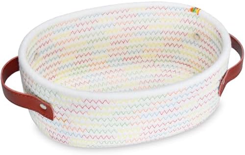ABenkle Small Woven Basket, Mini Cotton Rope Storage Basket, Tiny Easter Basket, Shelf Basket, Oval Decorative Toy Dog Cat Basket for Nursery, Empty Gift Basket, 9.4" x 5.9" x 3.9" XS by ABenkle