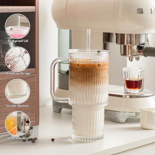 INSETLAN 24 oz Raindrop Glass Tumbler with Handle and Lid, Set of 2 – Reusable Iced Coffee Cups with Lids, Clear Glass Cups with Straw for Coffee, Smoothies, Tea, Juice – Perfect for any Occasion - Image 6