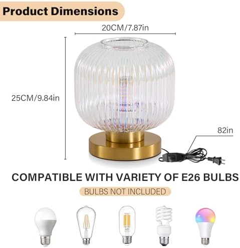 Colorful Glass Table Lamp,Vintage Gold Base Ribbed Bedside Lamp - Image 2