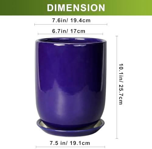 Ceramic Plant Pot - 8 Inch Planter for Indoor Plants Outdoor Flower Pot with Drainage Hole and Saucer Home Patio Office Decor Blue - Image 3