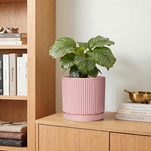 6 Inch Ceramic Flower Pots, Round Plant Pots with Saucer, Pink - Image 7