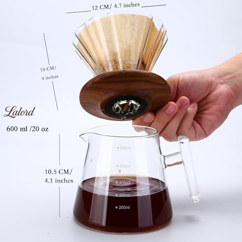 Lalord Pour Over Coffee Maker, 20 oz Borosilicate Glass Set with 100 pcs Paper Filter, Walnut Collar & Glass Lid, Drip Coffee Maker, 1-3 Cups, Clear, 600 ml, Petal Shape - Image 3