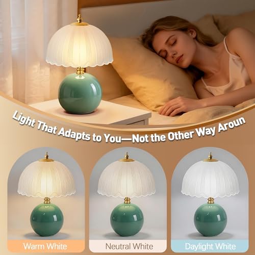 PARTPHONER Mushroom Table Lamp, Ceramic Bedside Lamp with Glass Shade, 3-Way Lighting (2700K-5000K) Rocker Switch, Small Nightstand Lamp for Bedroom, Living Room, Office, Green - Image 3