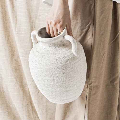 White Ceramic Vase with Handles, 9.5Inch, Farmhouse Rustic, Gritstone White by LETAUCIGARDEN