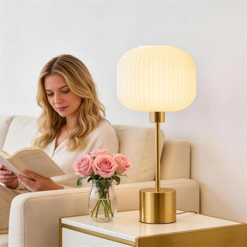 QiMH Glass Table Lamp for Living Room, Modern Bedside Lamp with Gream Ribbed Glass Shade, 3-Way Dimmable Touch Control Nightstand Lamp for Bedroom, Brushed Gold (2700K LED Bulb Included) - Image 5