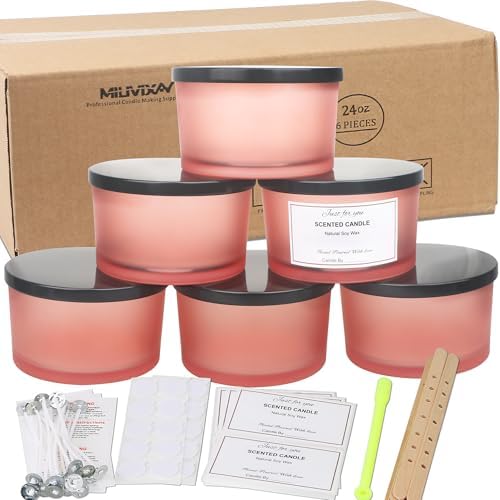 MILIVIXAY 6 Pack 24 oz Candle Jars with Metal Lids and Candle Making Kits - 3 Wick Candle Jar,Bulk Empty Matte Pink Thick Glass Jars for Making Large Candles - Spice, Powder Containers. by MILIVIXAY