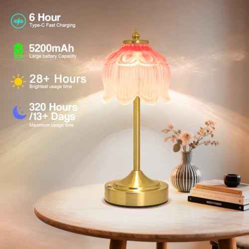 Cordless Table Lamp, Rechargeable Blush Pink Glass Lotus Flower Lamp - Image 4