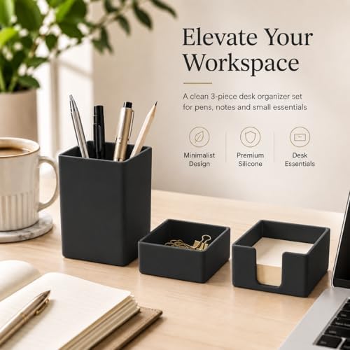 minimaliving Aesthetic Silicone Desk Organizer Set of 3,Modern Office Desk Accessories with Pen Holder,Paperclip Tray,Sticky Note Holder,Stylish Functional Office Desk Decor for Back-to-school(Black) - Image 2