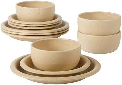 Bloomhouse - Two Time Oprah's Favorite Things Winner - Corsica Clay 12 Piece Stoneware Rustic Reactive Glaze Dinnerware Set - Stackable Plates Bowls Set. Service for 4 - Matte Finish Cappuccino Cream - Image 6