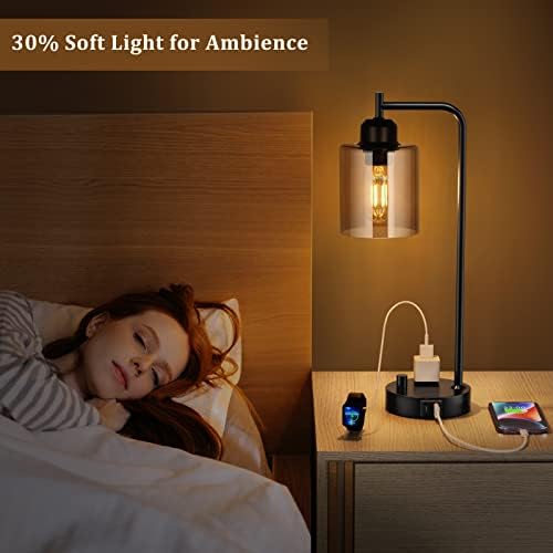 Innqoo Industrial Small Desk Lamp for Nightstand - Amber Clear Glass Shade Table Lamp with USB C Port, Fully Dimmable Black Bedside Lamp with USB Port and Outlet, Bedroom Lamp for Reading Office - Image 4