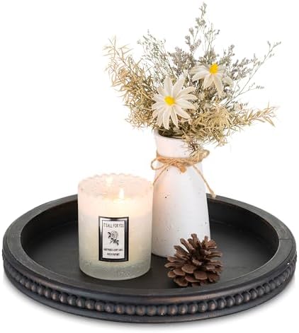 Hanobe Round Decorative Tray with Beaded Edge, Distressed Dark Brown Finish by Hanobe