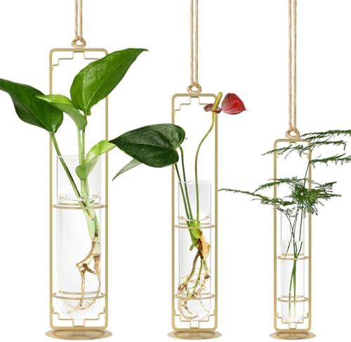 MIPON Metal Hanging Plant Propagation Station,3 Size Glass Test Tube Hydroponic Planter,Boho Wall Hanging Plant Cuttings Holder,Indoor Water Plant Terrarium Tubes for Home Office Window Decor-Gold by MIPON
