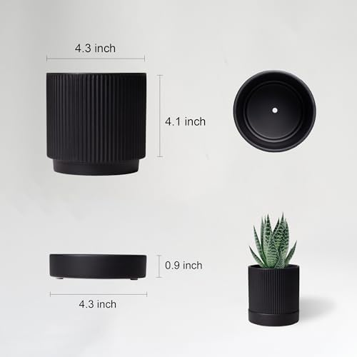 HERDUK Small Plant Pots, 4 Inch Pots for Indoor Plants, Modern Minimalist Ceramic Plant Pots with Drainage Hole & Saucer, Matte Black Set of 2 - Image 2