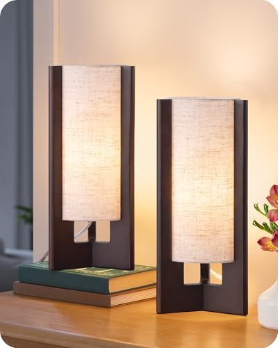 EDISHINE 13.5" Small Table Lamp, Walnut Wood Cylinder Lamp, E26 Base, 2Pack by EDISHINE