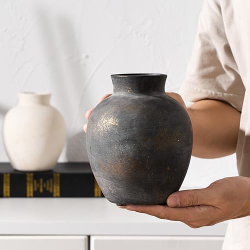 SIDUCAL Ceramic Decorative Flower Vase | 6 Inch Pottery Rustic Farmhouse | Boho | Terracotta Vase for Home Decor, Table, Living Room, Bathroom, Shelf, Mantel Decoration, Bronze - Image 3