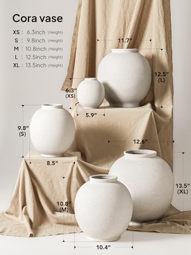 White Ceramic Vase - Large 13.5 Inch Round Floor Vase for Centerpieces, Farmhouse Flower Vases, Rustic Minimalist Home Decor (Sandstone White) - Image 3