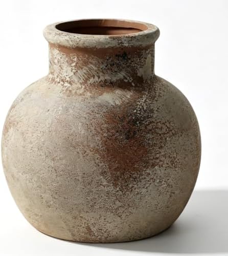 Farmhouse Table Vase, 5.7 Inch Ceramic Pot, Rustic Boho Terracotta Decor for Shelf, Mantel, Bookshelf, Living Room, Handmade Aged Look Centerpiece by Zipper