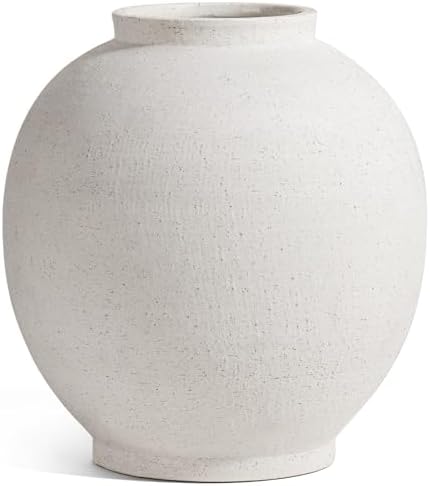 White Ceramic Vase - Large 13.5 Inch Round Floor Vase for Centerpieces, Farmhouse Flower Vases, Rustic Minimalist Home Decor (Sandstone White) - Image 6