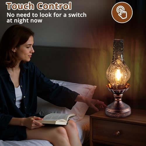 Vintage Table Lamp with Smoke Grey Crackle Glass Shade,Touch Control & 3-Way Dimmable Rustic Retro Farmhouse Bedside Lamp for Bedroom, Living Room, Cabin, Office (2700K LED Candle Bulb Included) - Image 3