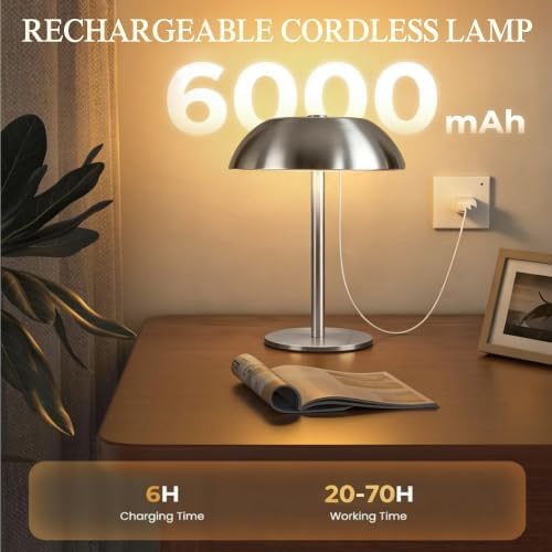 2 Pack Portable LED Mushroom Table Lamp, 12H Cordless Metal Night Light with Rechargeable Battery, Stepless Dimmable 3 Colors Desk Lamp for Bedroom Bar Coffee Shop(Brushed Silver) - Image 4