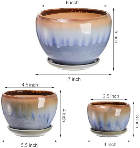 AVLA 3 Pack Ceramic Plant Pots, Gardening Drip Glazed Planters, Decorative Flower Pot with Drainage Hole and Saucer, Round Rustic Houseplant Container for Succulent Herbs Cactus Orchid, Home Office - Image 2