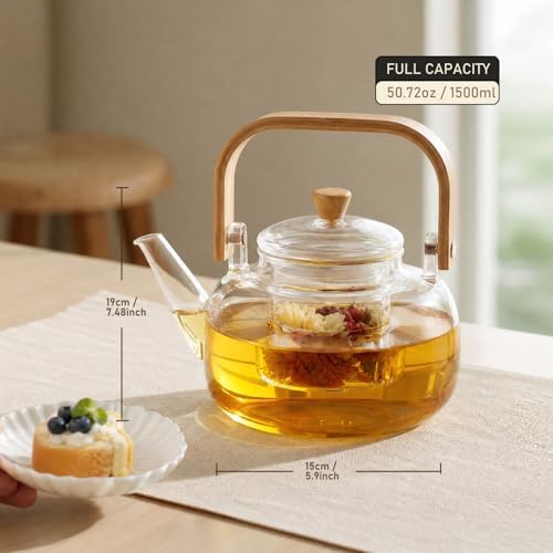 1500ml (50.72oz) Borosilicate Glass Teapot with Wooden Handle, Stovetop Safe Large Tea Kettle with Removable Glass Infuser for Blooming Tea & Loose Leaf Tea - Image 2