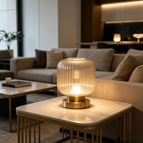 Mid Century Modern Table Lamp, Amber Ribbed Glass Nightstand Light with Gold Base, Vintage Decorative Desk Lamp for Bedroom Living Room Study - Image 7