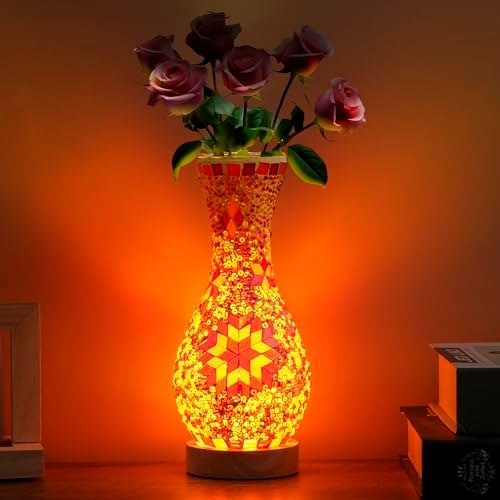 Mosaic Vase Lamp, Turkish Table Lamp with Wood Base, USB LED by JAITAIK