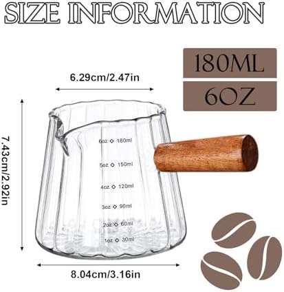 6OZ Wooden Handle Espresso Measuring Cup, Borosilicate Glass Milk Frothing Pitcher with Double Scale & V-Shaped Spout, Dishwasher Safe Coffee Accessories - Image 2