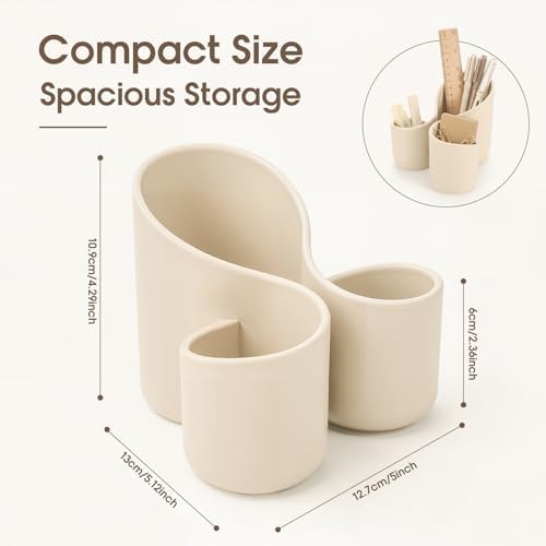 Aesthetic Desk Organizer Boho Pen Holder Modern Pencil Holder Beige Plastic Makeup Brush Organizer for Office Desk Accessories Stylish Home Office Art Decor Supplies (3 Slots) - Image 2