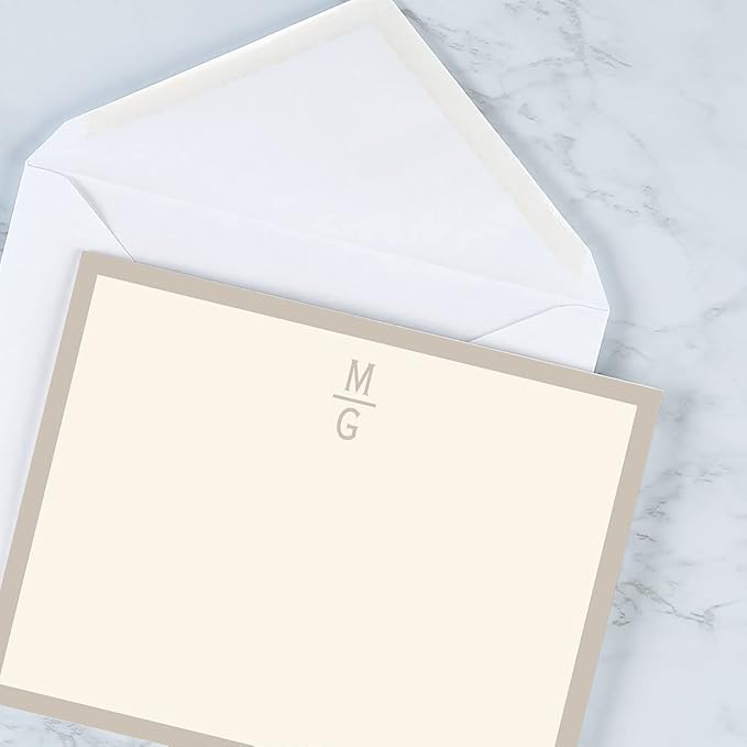 Beige Line Initial on Cream Personalized Note Cards - Set of 24, Envelopes Included, 4.25" x 5.5", Classic Design