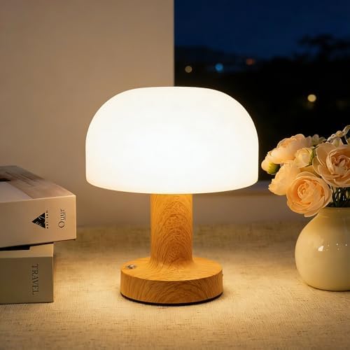 Cordless Rechargeable Mushroom Table Lamp, Dimmable 3-Color Night Light by HAPYGILightings