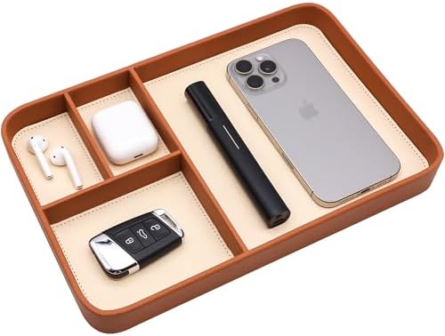 Vegan Leather Valet Tray for Men - Modern Nightstand Organizer for Keys, Wallet, Watch & EDC Essentials, Eco-Friendly & Stylish Storage(Brown) by Baerkian