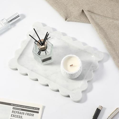 Koville Scalloped Marble Tray, 11"x8" Marble Vanity Tray for Countertop Bathroom Kitchen Dresser, Natural Stone Tray for Jewelry Perfume Home Decor, Decorative Catchall Trays(Bianco Carrara) - Image 3