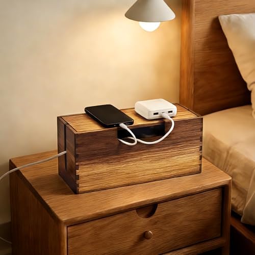 Acacia Wood Cable Management Box, Wooden Cord Hider Organizer for Power Strip, Desk/Floor/TV Wire Storage, Under Desk Cable Organizer for Home Office - Image 3