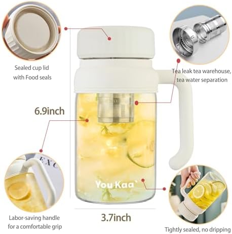 32oz Glass Water Bottle, Tea Bottle with Infuser & Handle, BPA-Free Leakproof Wide Mouth Large Tea Infuser cup for Hot or Cold Drinks, Loose, Fruit (White) - Image 2