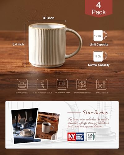 famiware Coffee Mug Set for 4, Star 12 oz Catering Mugs Cup Set with Handle for Coffee, Tea, Cocoa, Milk - Ceramic Stoneware Drinkware Set, Cappuccino White (Pack of 2) - Image 3