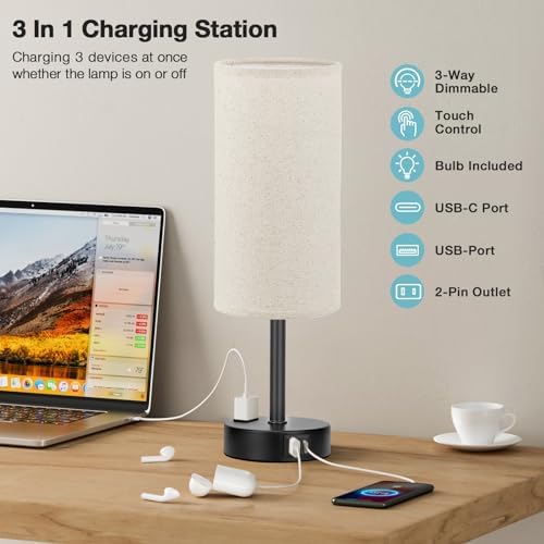 Fenmzee Beige Bedside Lamp for Bedroom, Dimmable Touch, USB A+C, AC Outlet - Image 3