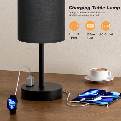 Fenmzee 17.4" Black Lamp for Bedroom - Dimmable Touch, USB A+C, AC Outlet - Image 4