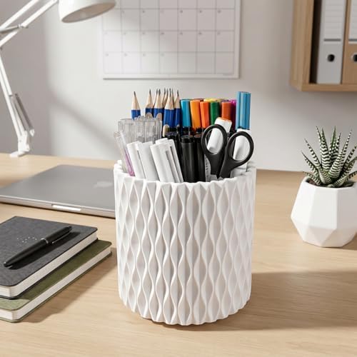 Lebenrich Rotating Pen Holder for Desk, 5 Slots Easthetic Pencil holder Desk Organizer Supplies and Accessories for Women Girls, Pencil Cup for Office Home Art Supply, White - Image 2