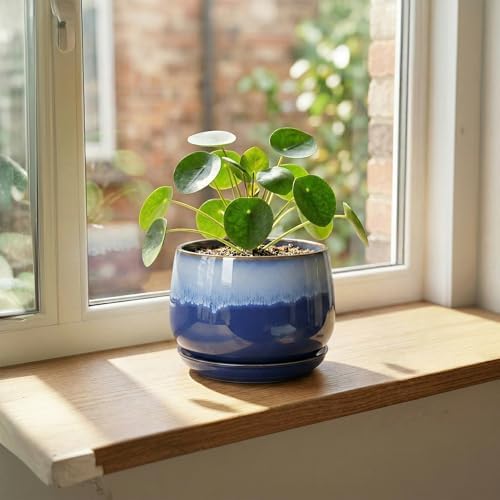 Ceramic Flower Pots, 6 Inch Plant Pot Indoor with Saucer, Deep Blue - Image 3