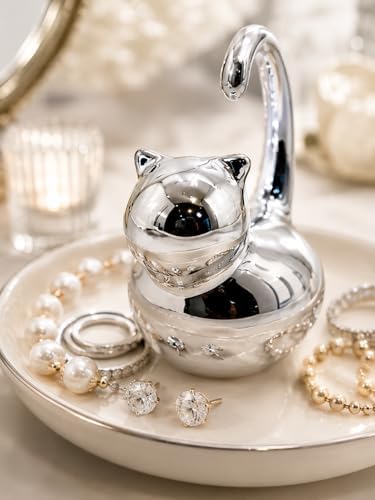Cat Ring Holder Jewelry Dish–White & Silver Fat Cat Ceramic Trinket Tray,Birthday,Wedding,Graduation Gift for Women & Girls,Rings Earrings Necklaces Bracelets–Vanity,Nightstand,Dresser,Bathroom - Image 4