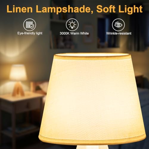 Tripod Table Lamp Small Bedside Lamp with White Fabric Shade, Mid Century Modern Nightstand Lamp for Bedroom Living Room Office Nursery, Wooden Legs(Cone) - Image 2