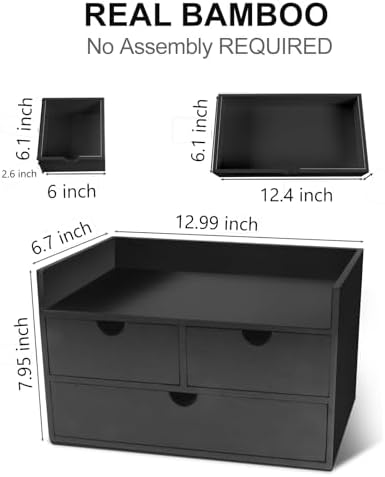 Charmewooden Bamboo Desk Organizer 3 Drawer with Shelf, Countertop Organizer with Drawers Makeup Storage Drawer 3 Drawers Tabletop Storage Organization Box Home Office Workspace（Black） - Image 2