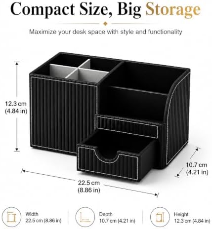 KINGFOM Executive Leather Desk Organizer with Drawer, Modern Black Desk Accessories for Men, Premium Office Desk Organizer with Pen Holder & Storage Compartments for Home Office - Image 2